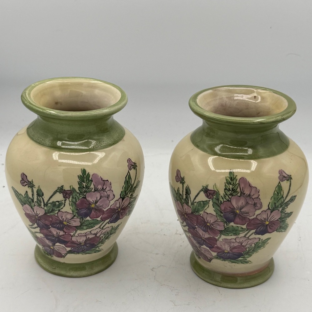 Vintage Pacific Rim Hand Painted Vases Pair Purple Pansy Ceramic 6" Tall